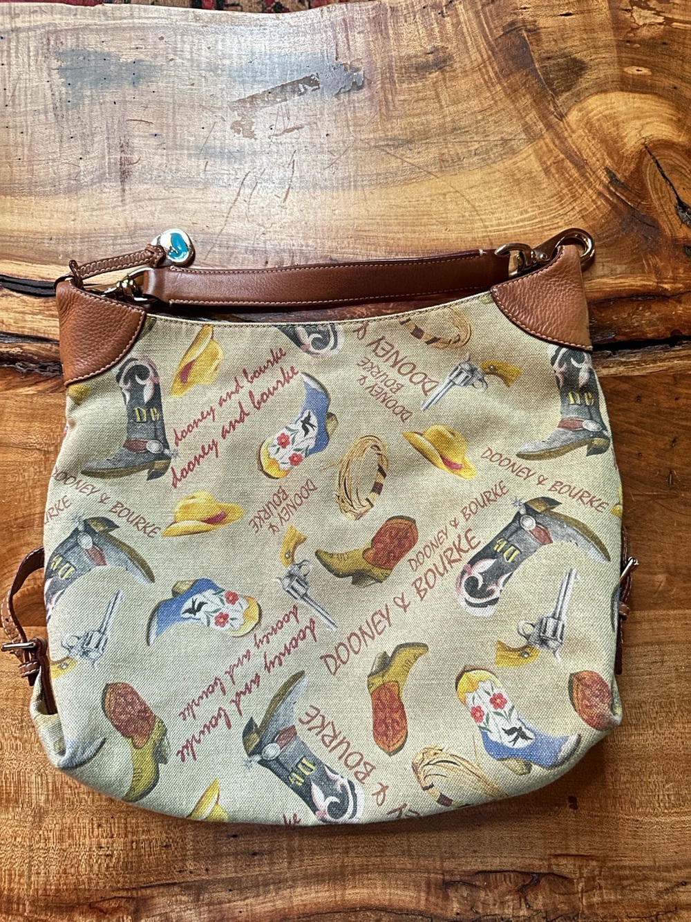 Dooney & Bourke Tan Canvas Western Print Shoulder Bag with Brown Leather Trim